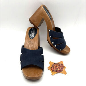 NEW Vintage Y2K The Leather Collection Blue Leather Block Heel Mule Sandals 7